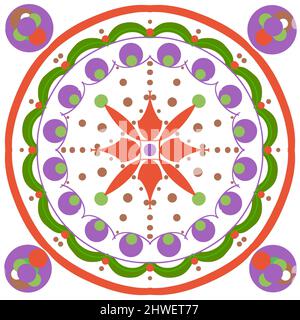 Hand painted geometric circle tile in orange, green and purple on square white background. Stock Photo