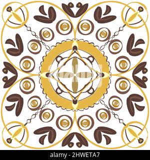 Hand painted mosaic tile in circle design with leaves and design elements in brown and gold on square white background. Stock Photo