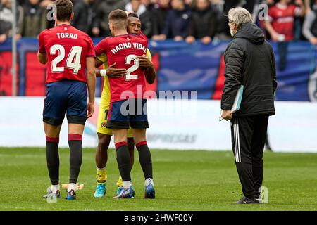 Pamplona, Spain. 05th Mar, 2022. Nacho Vidal (defender; CA Osasuna) and Pervis Josué Estupiñán (defender; Villarreal CF) after the Spanish La Liga Santander football match between CA Osasuna and Villrreal CF at the Sadar Stadium.(CA Osasuna won: 1 - 0) (Photo by Fernando Pidal/SOPA Images/Sipa USA) Credit: Sipa USA/Alamy Live News Stock Photo