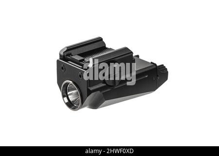 Special weapon flashlight with mount. Modern metal LED flashlight in black color. Portable flashlight isolate on a white background. Stock Photo