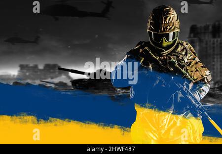 Photo of ukrainian soldier in full body armor holding rifle with scope ...