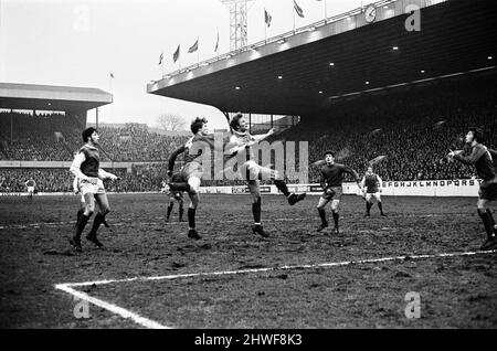 Sheffield Wednesday v Scunthorpe United FA Cup fourth round match at Hillsborough January 1970.   Wednesday's Jack Whitham heads a corner shot    Final score:  Sheffield Wednesday 1-2 Scunthorpe United Stock Photo