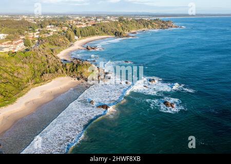 Aerial view fo Flynns Beach on the Mid north coast of New South Wales one of Port Macquaries beaches. Stock Photo