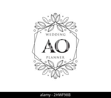 AO Initials letter Wedding monogram logos collection, hand drawn modern minimalistic and floral templates for Invitation cards, Save the Date, elegant Stock Vector