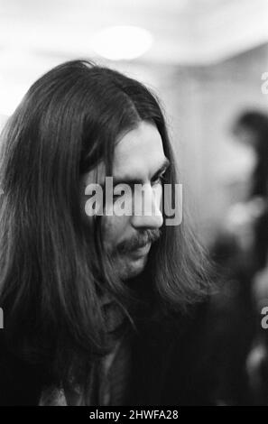 George Harrison at the Midland Hotel in Birmingham, Thursday 4th December 1969. Last night George Harrison performed on stage as part of the Delaney & Bonnie & Friends UK Tour with Eric Clapton at the Town Hall, Birmingham. Stock Photo