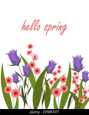 Decorative card template with spring flowers. Vector illustration . Stock Vector