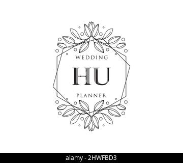 HU Initials letter Wedding monogram logos collection, hand drawn modern minimalistic and floral templates for Invitation cards, Save the Date, elegant Stock Vector