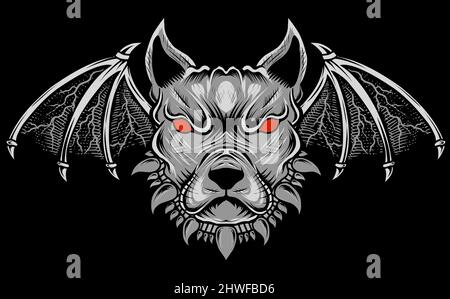 illustration vector dog head with devil wings Stock Vector