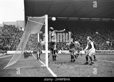 Sheffield Wednesday v Scunthorpe United FA Cup fourth round match at Hillsborough January 1970.   Scunthorpe's Graham Foxton heads onto his own bar in an attempt to clear    Final score:  Sheffield Wednesday 1-2 Scunthorpe United Stock Photo