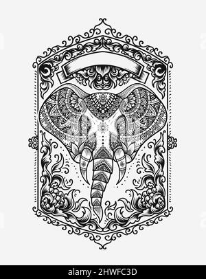 illustration vector elephant head mandala style with vintage engraving ...