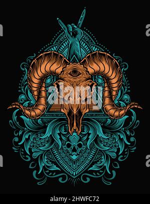 illustration vector goat skull with vintage engraving ornament Stock Vector