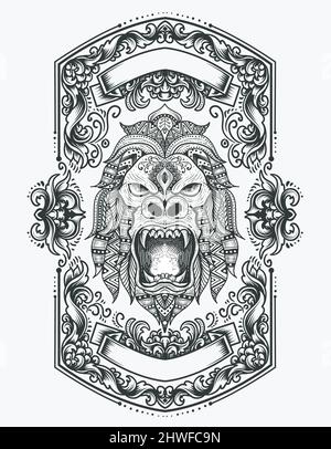 illustration vector gorilla head with mandala ornament style Stock Vector