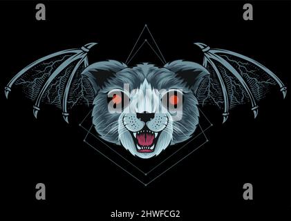illustration vector scary cat head with demon wings Stock Vector