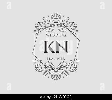 KN Initials letter Wedding monogram logos collection, hand drawn modern minimalistic and floral templates for Invitation cards, Save the Date, elegant Stock Vector