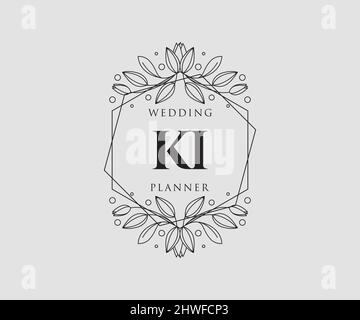 KI Initials letter Wedding monogram logos collection, hand drawn modern minimalistic and floral templates for Invitation cards, Save the Date, elegant Stock Vector