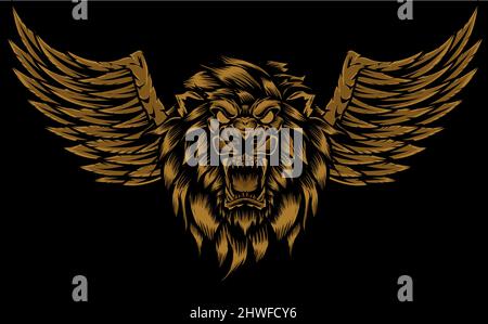 illustration vector angry lion head with wings Stock Vector