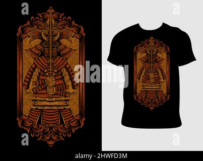 illustration vector vintage samurai warriors on ornament flame Stock Vector