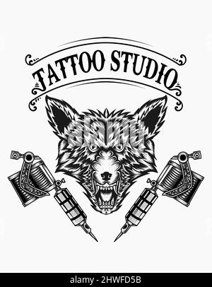 illustration vector wolf tattoo studio logo Stock Vector