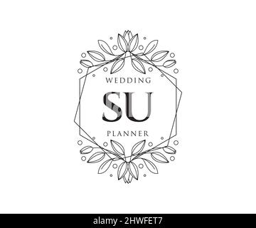 SU Initials letter Wedding monogram logos collection, hand drawn modern minimalistic and floral templates for Invitation cards, Save the Date, elegant Stock Vector