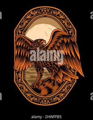 Illustration vector Eagle bird with vintage engraving ornament on black background Stock Vector