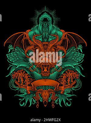 Illustration vector hand drawing dragon head with two tiger and death angel on engraving pattern Stock Vector