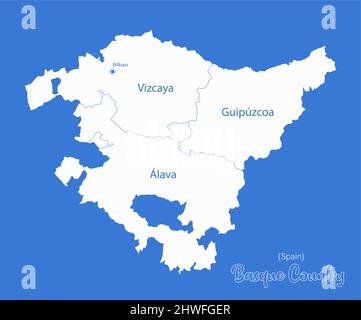 Basque Country map, administrative divisions whit names regions, blue background vector Stock Vector