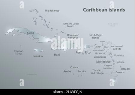 Caribbean islands map, individual islands and names, design glass card 3D vector Stock Vector
