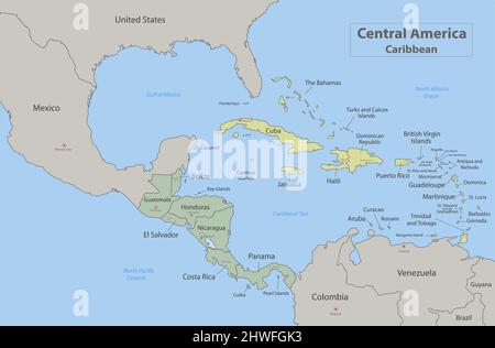 Central America and Caribbean islands map classic color, individual states and city whit names vector Stock Vector