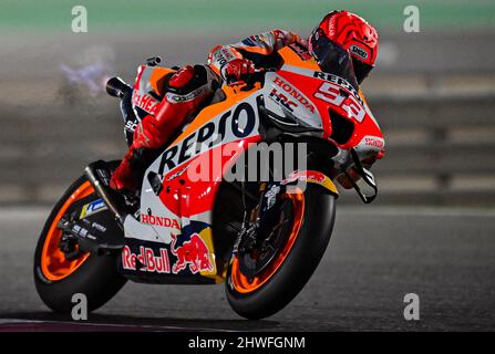 Doha, Qatar. 5th Mar, 2022. Spanish MotoGP rider Marc Marquez of Repsol Honda Team drives during the qualifying session of MotoGP Grand Prix of Qatar 2022 in Losail Circuit of Doha, capital of Qatar, on March 5, 2022. Credit: Nikku/Xinhua/Alamy Live News Stock Photo