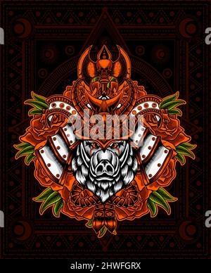 illustration vector wild boar samurai with rose flower Stock Vector