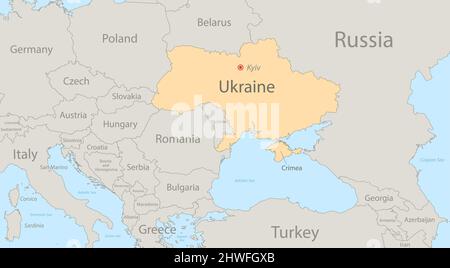 Map of Ukraine with surrounding states, classic color, individual states and city whit names vector Stock Vector