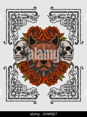 illustration vector dog head with skull and rose flower Stock Vector