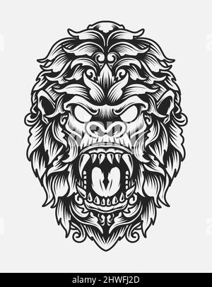 illustration vector gorilla head with ornament style Stock Vector