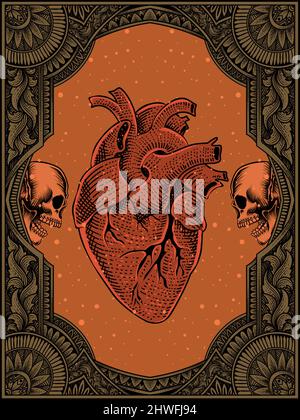 vector illustration of an antique human heart with engraving frame and ...