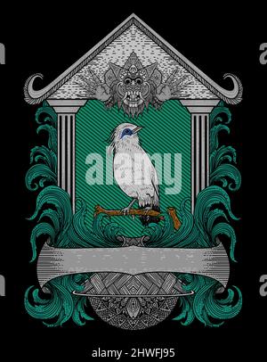 illustration vector jalak bali bird on antique engraving ornament Stock Vector