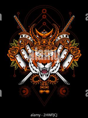 illustration vector tiger samurai head with rose flower Stock Vector