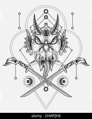 illustration vector oni mask with two katana sword Stock Vector