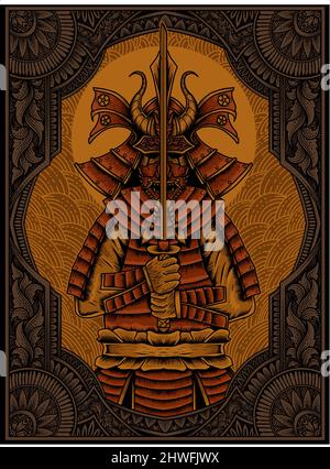 illustration vector samurai warriors with antique engraving ornament Stock Vector