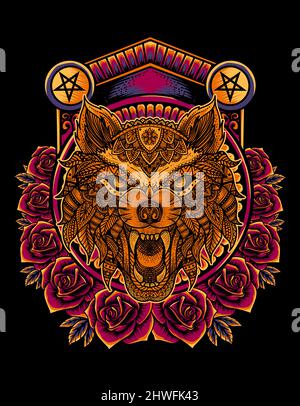 illustration vector wolf head with rose ornament Stock Vector