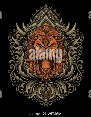 illustration vector gorilla mandala head with engraving ornament Stock Vector