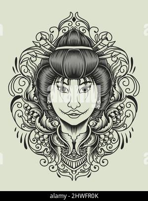 illustration baddass geisha woman with engraving ornament Stock Vector