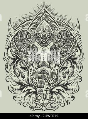 illustration vector elephant head with mandala ornament style Stock Vector