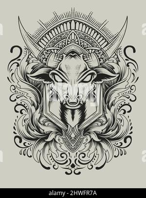 Illustration vector bull head with engraving ornament style Stock Vector