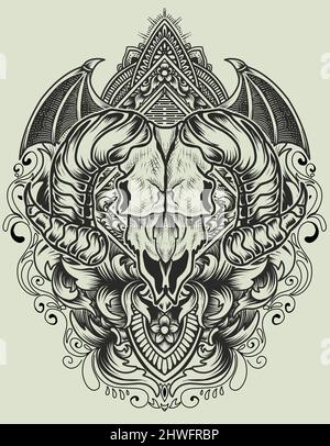illustration vector goat skull with vintage engraving ornament Stock Vector