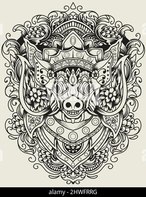 Illustration vector barong bangkung head with vintage engraving ornament Stock Vector