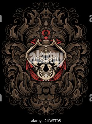 illustration vector captain skull pirate with engraving ornament Stock Vector