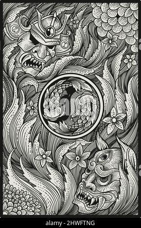 illustration vector hand draw japanese samurai and oni mask on engraving pattern art Stock Vector