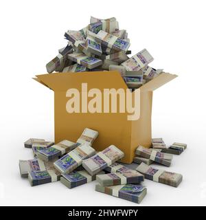 3d rendering of cardboard box full of West African CFA franc notes isolated  on a white background Stock Photo