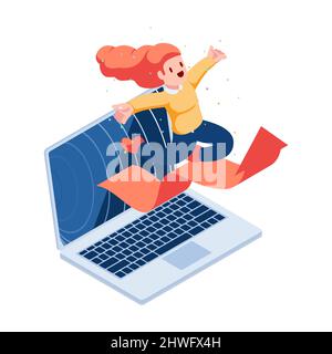 Flat 3d Isometric Woman Jumping Out From Laptop Monitor with Rising Graph. Business Success Concept. Stock Vector