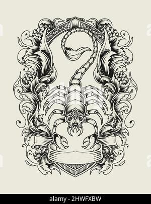illustration vector scorpion with engraving ornament. Stock Vector